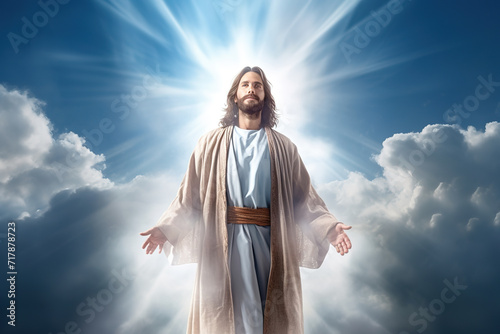 Jesus Christ ascending to heaven above the bright sky and clouds, embodying the concept of God, Heaven, and the Second Coming.