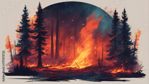 Wild fire burning in the forest.	 photo