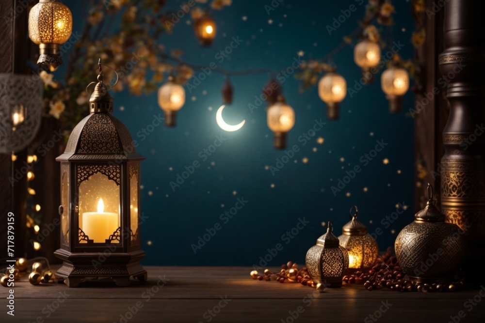 ramadan greeting card shiny light design dark background with copy space area banner