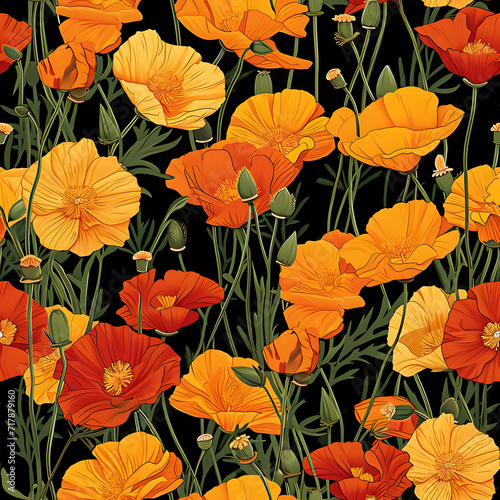 Seamless pattern with poppies on black background illustration