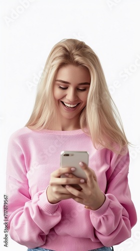 young happy woman with mobile phone isolated on transparent background