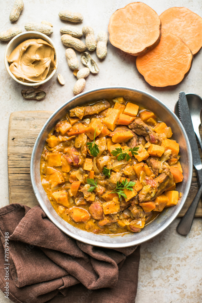 African chicken peanut stew with sweet potatoes with side of basmati rice African chicken peanut stew with sweet potatoes with side of basmati rice