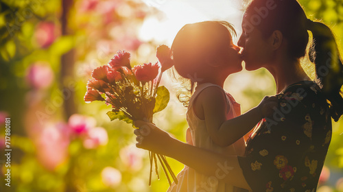 Young girl child with a gift of flowers for mum on mothers day photo