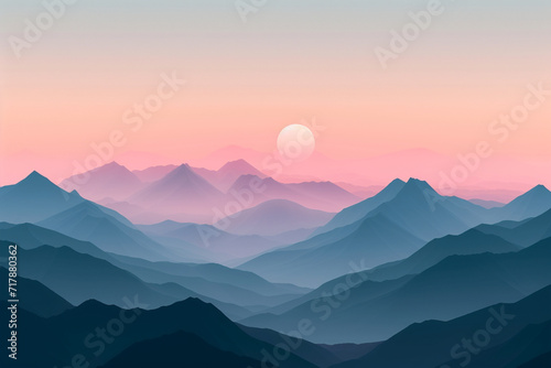 minimalist mountain landscape at dawn, with eternal sunshine kissing the peaks and creating a tranquil and awe-inspiring scene in a minimalistic style © forenna
