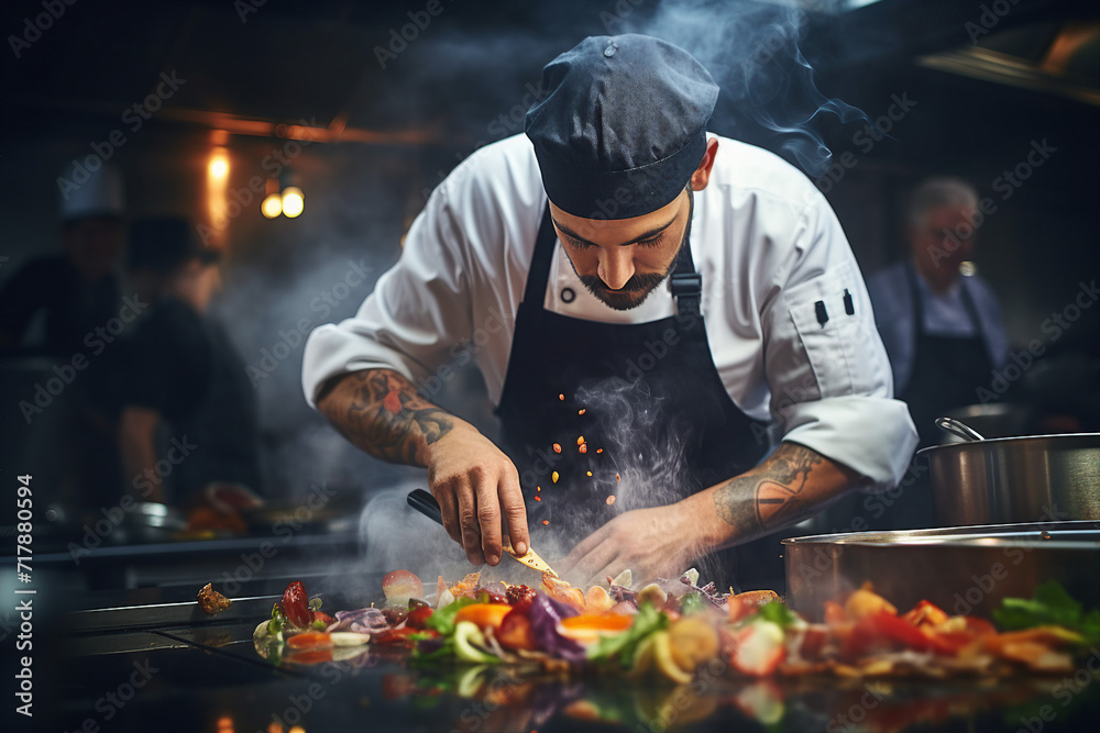 Generative AI picture of professional chef cooking in a restaurant kitchen Generative AI picture of professional chef cooking in a restaurant kitchen