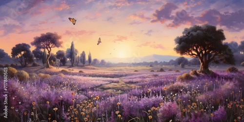 A field of lavender under a pastel sky, where butterflies and bees gather nectar, and a group of deer grazes in the fragrant meadow.