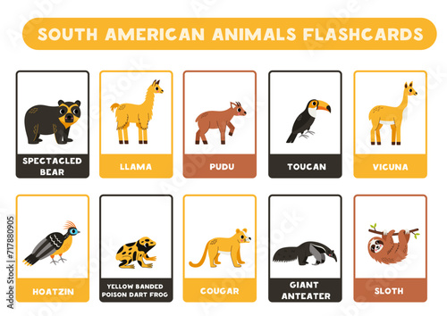 Cute South American animals with names. Flashcards for learning English.