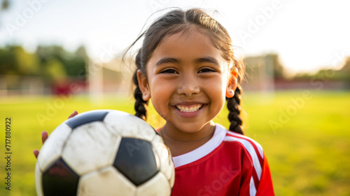 happy young girl with braided hair, holding a soccer ball, wearing a red sports jersey, with a soccer goal in the background, likely on a playing field © MP Studio