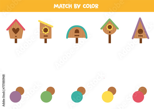 Match colorful wooden birdhouses and colors. Educational worksheet for kids.