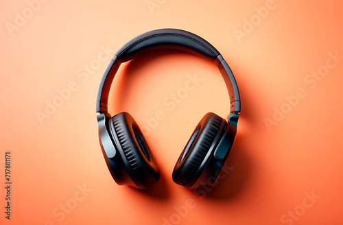 Black wireless headphones on an orange background, top view