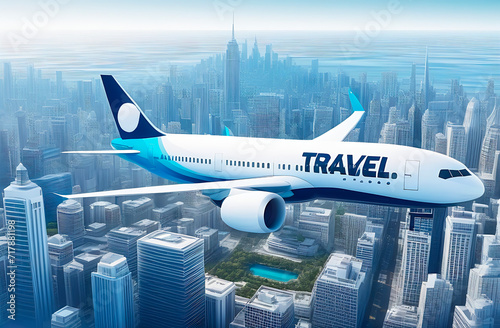 An airplane with the text "travel" flies over the city with skyscrapers, the concept of travel and air travel © pavkis