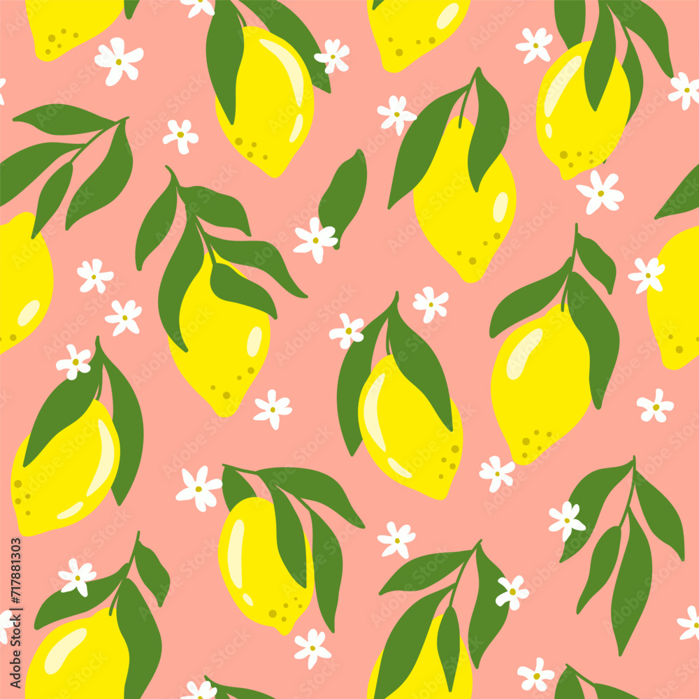 Fresh lemons on pink background. Summer citrus fruits seamless pattern. Vector organic food print, wallpaper Fresh lemons on pink background. Summer citrus fruits seamless pattern. Vector organic food print, wallpaper