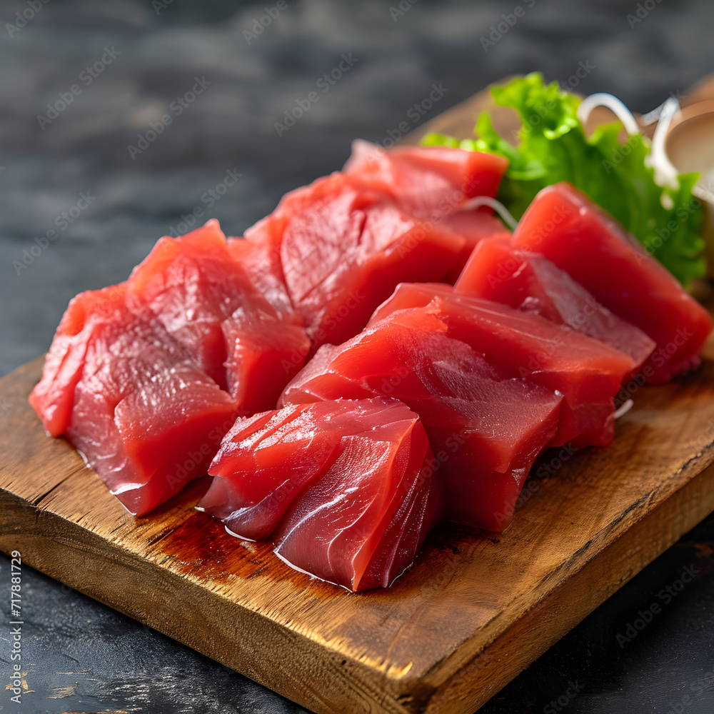 Close up of Fresh raw Tuna fillet steak and sashimi on wooden board background, delicious food for dinner, healthy food, ingredients for cooking.