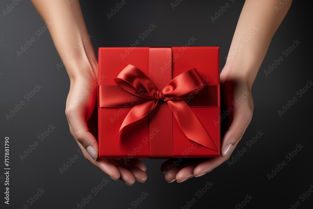 Top view of hands holding craft red paper gift box with ribbon bow on isolated black background. Generated AI. Top view of hands holding craft red paper gift box with ribbon bow on isolated black background. Generated AI.