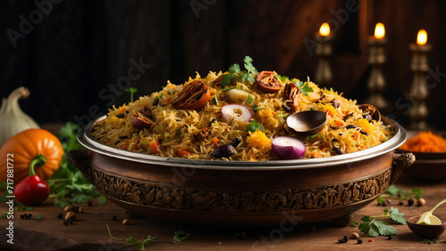 A side view of vegetable biryani in a traditional plate the rising steam carrying the tantalizing aroma of spices, filling the air around the wooden table