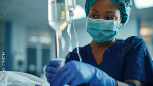 healthcare professional managing an IV drip bag