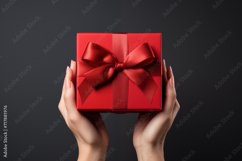 Top view of hands holding craft red paper gift box with ribbon bow on isolated black background. Generated AI. Top view of hands holding craft red paper gift box with ribbon bow on isolated black background. Generated AI.