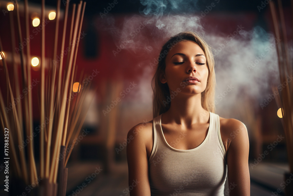 Generative AI image of charming girl sitting floor in lotus pose among smoldering wooden incense sticks Generative AI image of charming girl sitting floor in lotus pose among smoldering wooden incense sticks