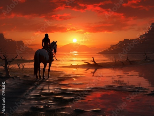 Female riding her horse in a sunset land © Max_T