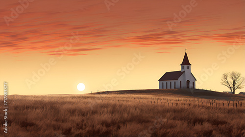 A Tranquil Retreat Amidst Nature s Canvas  The Lone Church at Dusk  a Spiritual Haven in the Heart of the Western Horizon