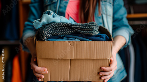 Woman hands holding a donate box. Cardboard box with clothes for charity. Social activity. Female volunteer. Box full of clothing . Photorealistic.  photo