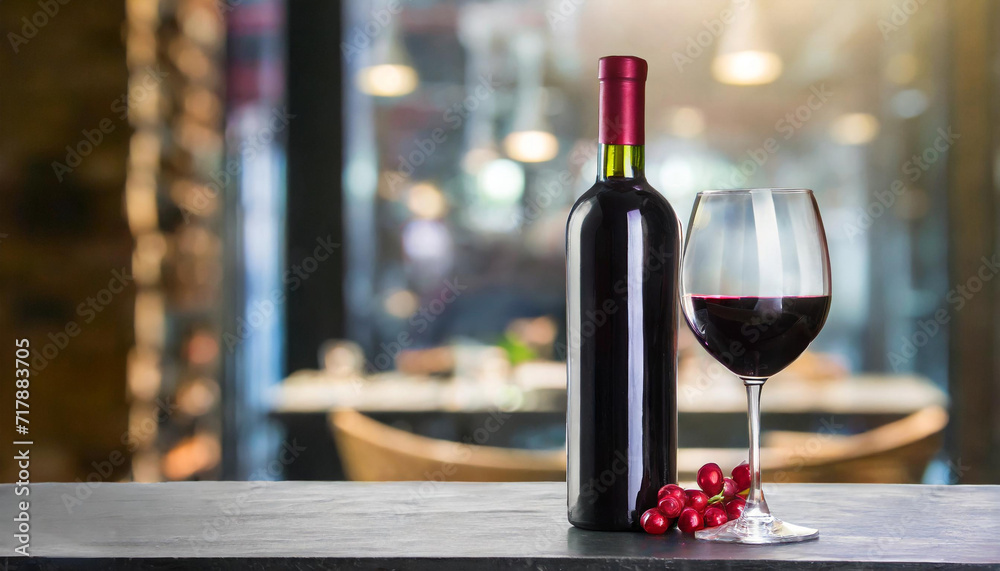 Bottle and glass of red wine on table, cafe background with blank space.