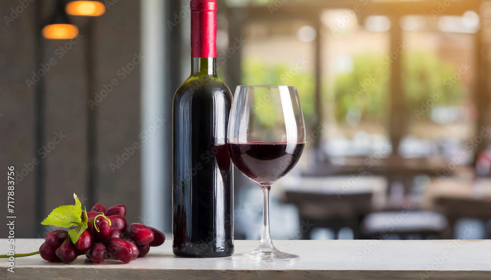 Bottle and glass of red wine on table, cafe background with blank space.