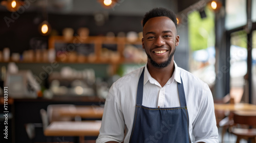 Fototapeta Naklejka Na Ścianę i Meble -  male waiter in a restaurant, wearing an apron and smiling at the camera