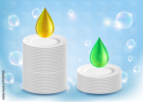 Stack of clean washed dishes. Drops of detergent. Comparison of liquid dishwashing soap. Stock vector illustration.