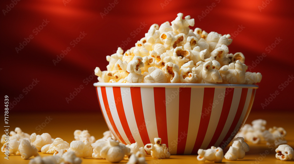 Delicious popcorn on red background Space for text Delicious popcorn on red background Space for text