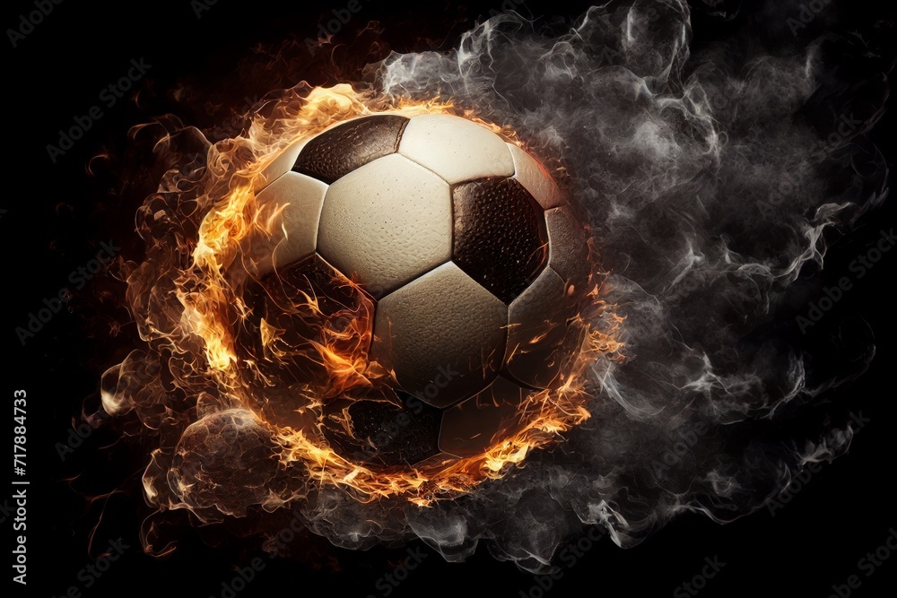Naklejka premium Football-themed stone ball with bright flames on black