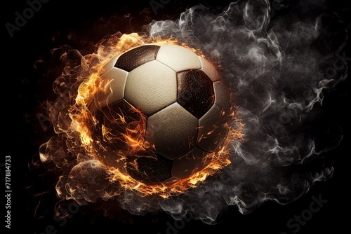 Football-themed stone ball with bright flames on black