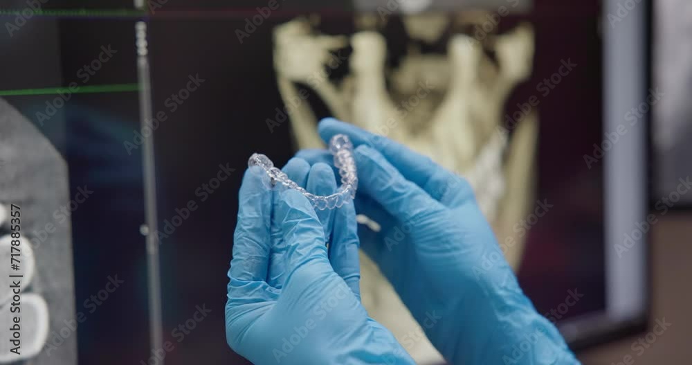 Orthopedic dentist doctor holds night bruxism protection muscle relaxant mouth guard or Plastic