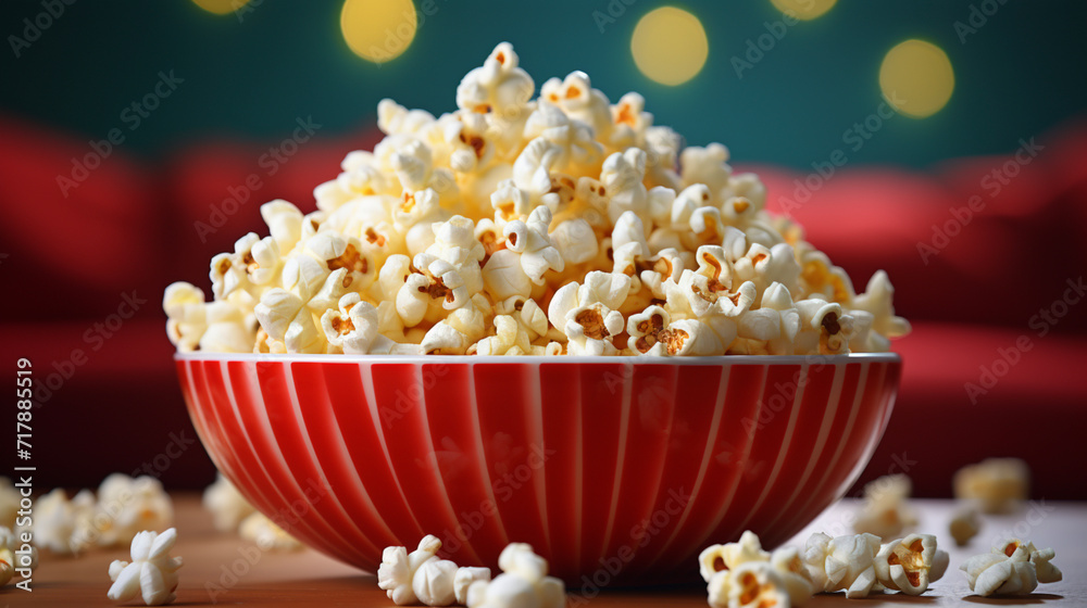 Delicious popcorn on red background Space for text Delicious popcorn on red background Space for text