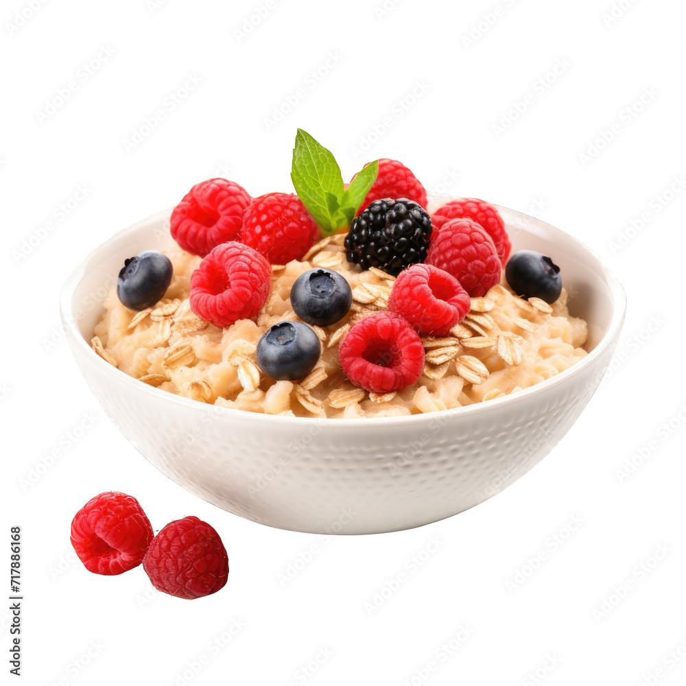 Tasty boiled oat flakes with raspberries blackberries and blueberries in bowl isolated on clipped PNG transparent background Tasty boiled oat flakes with raspberries blackberries and blueberries in bowl isolated on clipped PNG transparent background