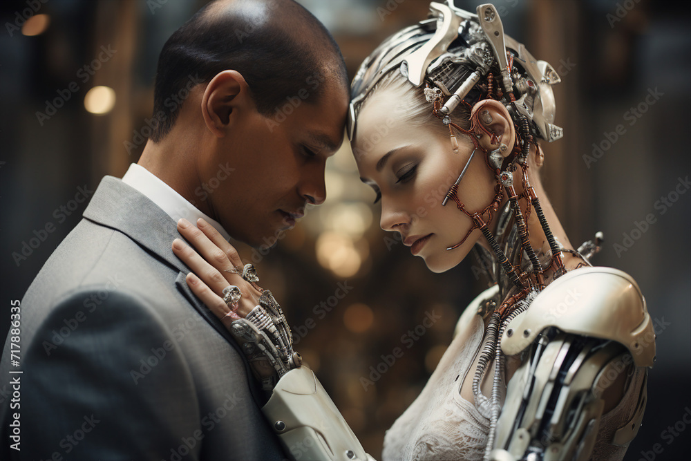 Generative ai futuristic collage of robot person couple marrying together Generative ai futuristic collage of robot person couple marrying together