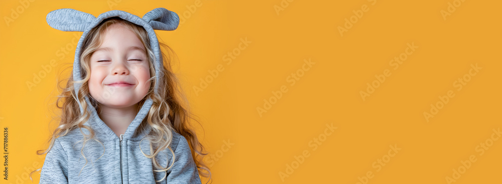 A pretty blonde little girl with a sweet smile and closed eyes in a gray Easter bunny costume with fluffy ears on an isolated orange background. Banner, a place to copy