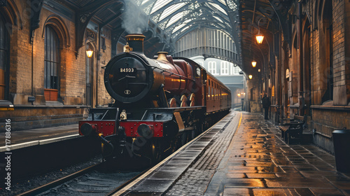 Beautiful old vintage steam railway engine and classic railway station. photo