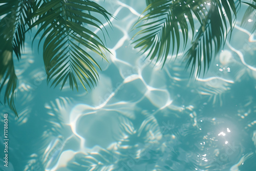 Palm tree hanging over pool water. Background image. Created with Generative AI technology