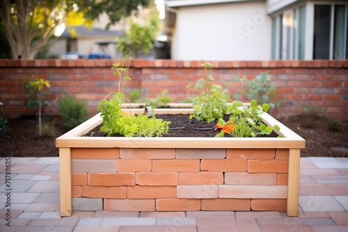 diy raised garden bed from bricks and wood photo