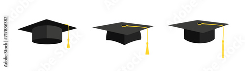 Graduate black caps set. Education cap with square brim to celebrate successful graduation from school and college with academic success vector uniform