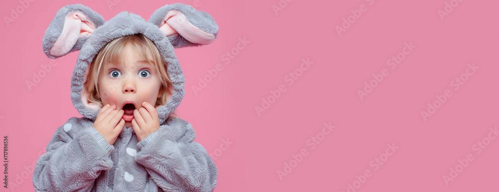 A small, surprised, open-mouthed blond curly-haired boy in an Easter bunny costume covers his face with his hands on a pink background. Banner, copy space