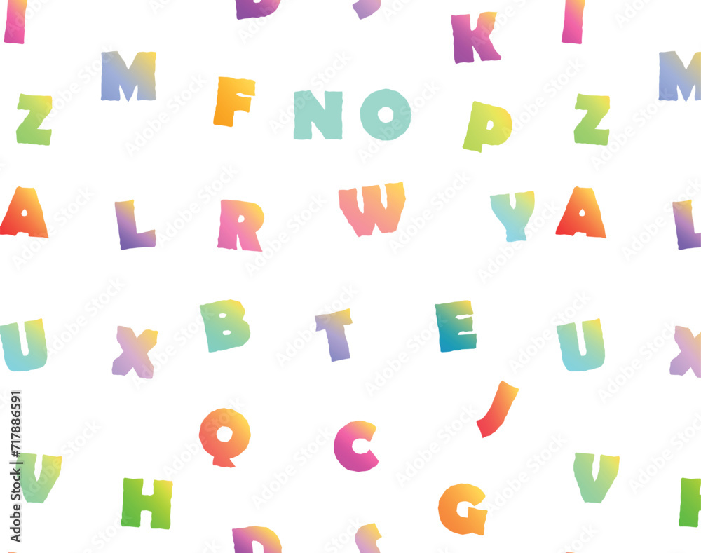 Cute fluffy typography seamless pattern. Light Full of colours letters. Design for fashion, fabric, textile, wallpaper, cover, web , wrapping and all prints on white dove colour background.