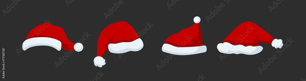 Red santa claus hat set. Christmas winter headdress with white pompom decoration for fun party and traditional vector new year Red santa claus hat set. Christmas winter headdress with white pompom decoration for fun party and traditional vector new year
