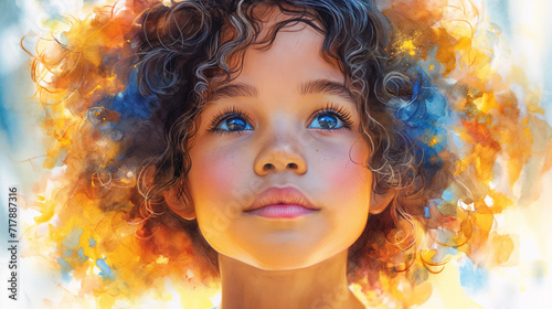 Beautiful small sunny girl with curly hair and beautiful eyes on colourful background. Happy childhood concept. Watercolour illustration. Selective focus. 