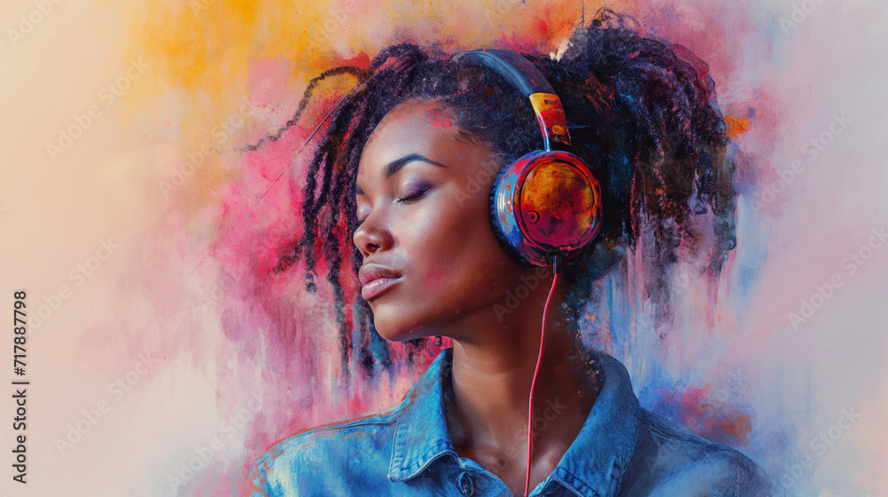 Music vibes. Black young beautiful girl with closed eyes and headphones is listening the music. Enjoy of music concept. Colourful background. Watercolour illustration. Selective focus