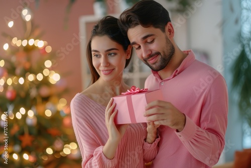 Valentine's Day A tender and intimate moment shared between a couple, as a man in a soft pink shirt gently smiles at a radiant woman in a satin dress, suggesting warmth and affection. Ai generate 