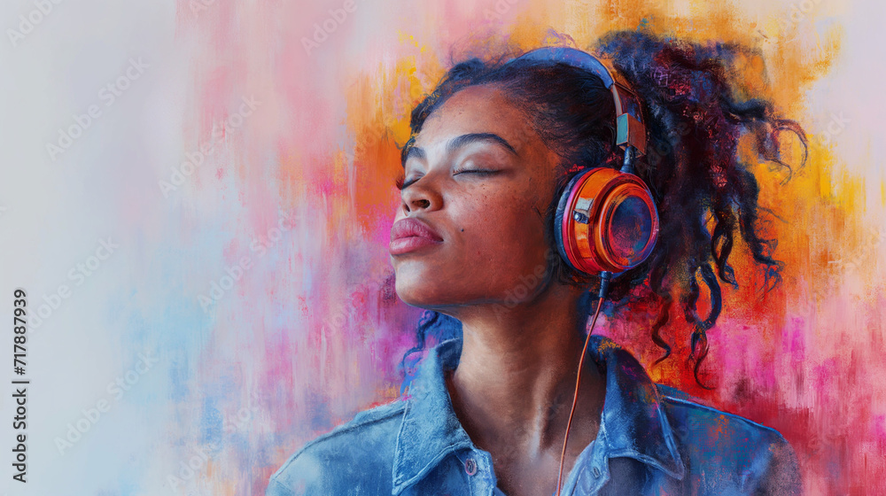 African young beautiful girl with red headphones and closed eyes is listening the music. Enjoy of music concept. Colourful background. Watercolour illustration. Selective focus  - obrazy, fototapety, plakaty 