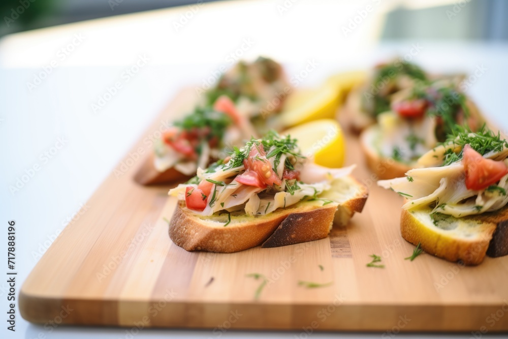 sliced artichoke hearts on a toasted bruschetta