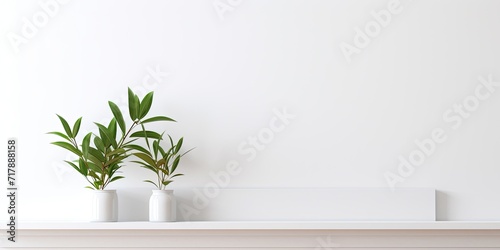 Product display on a white wall background with tree leaves